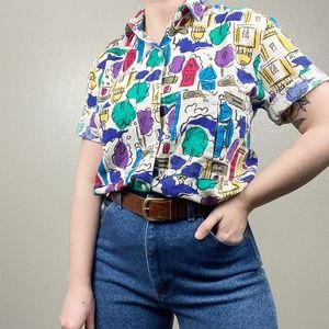 Vintage 80s 90s Novelty House Tree Print Doodle Watercolor Button Front Top